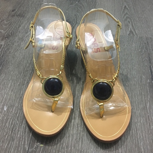 Women’s thong stacked heel sandal gold with blue - Picture 3 of 13